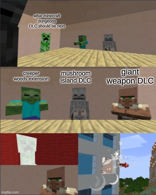 minecraft dungeons DLC | what minecraft dungeons DLC should be next; giant weapon DLC; creeper woods extension; mushroom island DLC | image tagged in minecraft boardroom meeting suggestion | made w/ Imgflip meme maker