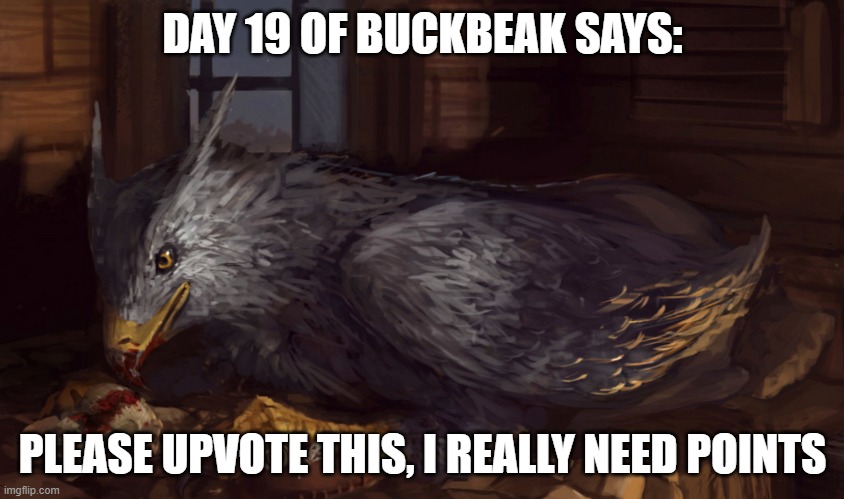 Buckbeak | DAY 19 OF BUCKBEAK SAYS:; PLEASE UPVOTE THIS, I REALLY NEED POINTS | image tagged in buckbeak,memes | made w/ Imgflip meme maker