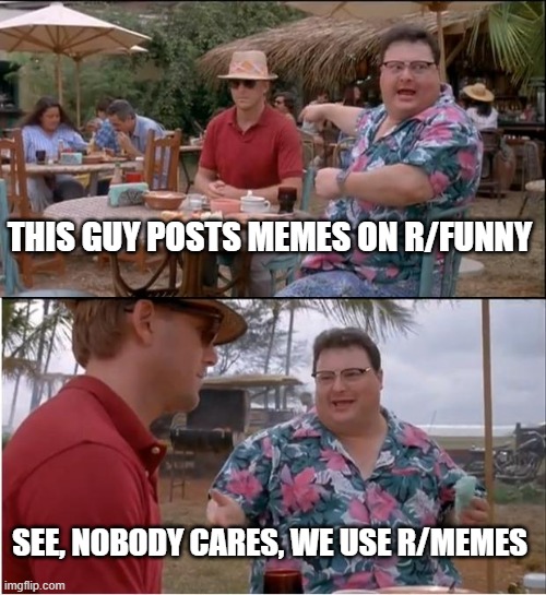 imagine using r/funny as your meme Reddit | THIS GUY POSTS MEMES ON R/FUNNY; SEE, NOBODY CARES, WE USE R/MEMES | image tagged in memes,see nobody cares,reddit,r/memes,r/funny,fun | made w/ Imgflip meme maker