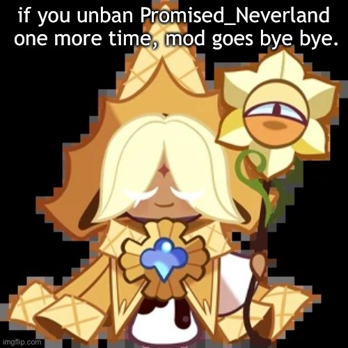 purevanilla | if you unban Promised_Neverland  one more time, mod goes bye bye. | image tagged in purevanilla | made w/ Imgflip meme maker