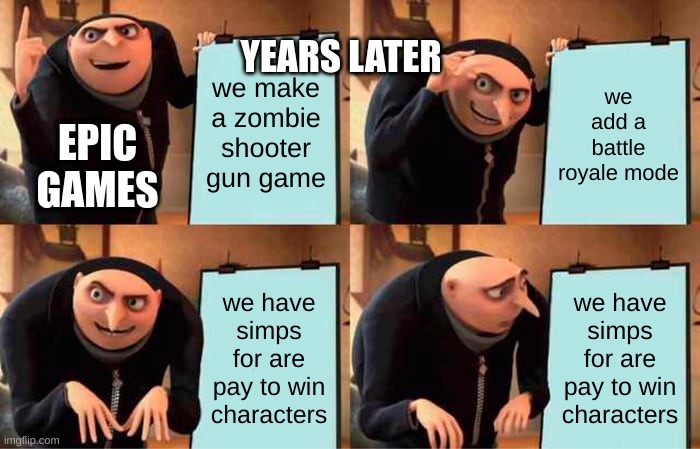 fortnite be like | YEARS LATER; we make a zombie shooter gun game; we add a battle royale mode; EPIC GAMES; we have simps for are pay to win characters; we have simps for are pay to win characters | image tagged in memes,gru's plan,fortnite,skins,epic games | made w/ Imgflip meme maker