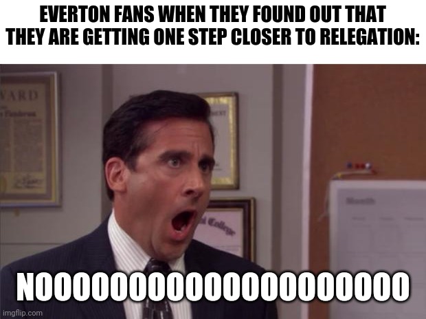 Let's hope Everton won't finish 18th or below or it will happen like Schalke in the last Bundesliga season | EVERTON FANS WHEN THEY FOUND OUT THAT THEY ARE GETTING ONE STEP CLOSER TO RELEGATION:; NOOOOOOOOOOOOOOOOOOOO | image tagged in noooooo,everton,football,premier league,sports | made w/ Imgflip meme maker