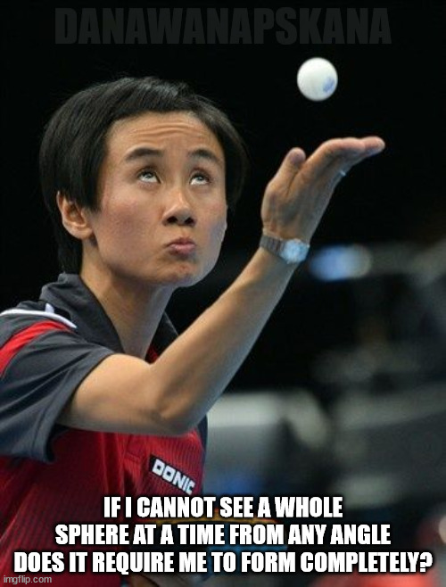 deep pong | DANAWANAPSKANA; IF I CANNOT SEE A WHOLE SPHERE AT A TIME FROM ANY ANGLE DOES IT REQUIRE ME TO FORM COMPLETELY? | image tagged in ping pong guy,physics,einstein,philosophy,random,omg | made w/ Imgflip meme maker