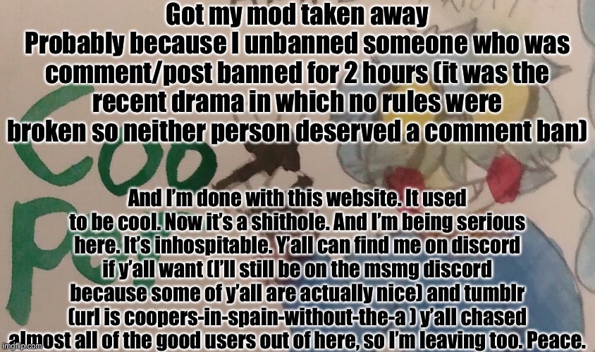 I'm a watercolor | Got my mod taken away
Probably because I unbanned someone who was comment/post banned for 2 hours (it was the recent drama in which no rules were broken so neither person deserved a comment ban); And I’m done with this website. It used to be cool. Now it’s a shithole. And I’m being serious here. It’s inhospitable. Y’all can find me on discord if y’all want (I’ll still be on the msmg discord because some of y’all are actually nice) and tumblr (url is coopers-in-spain-without-the-a ) y’all chased almost all of the good users out of here, so I’m leaving too. Peace. | image tagged in i'm a watercolor | made w/ Imgflip meme maker