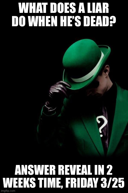 The riddler #5 |  WHAT DOES A LIAR DO WHEN HE’S DEAD? ANSWER REVEAL IN 2 WEEKS TIME, FRIDAY 3/25 | image tagged in the riddler,batman | made w/ Imgflip meme maker