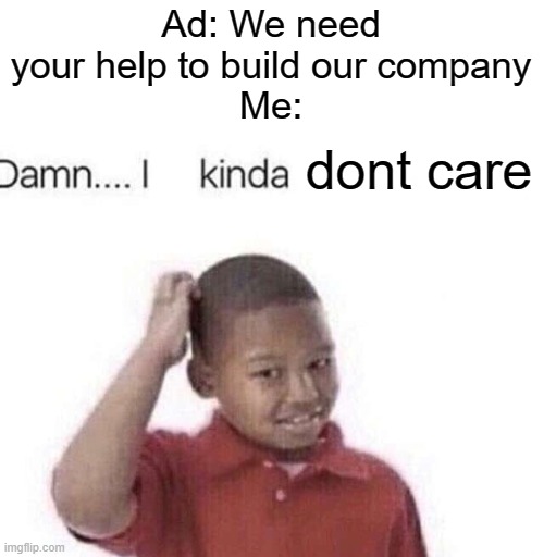 we all dont care | Ad: We need your help to build our company
Me:; dont care | image tagged in damn i kinda don t meme,original ad | made w/ Imgflip meme maker