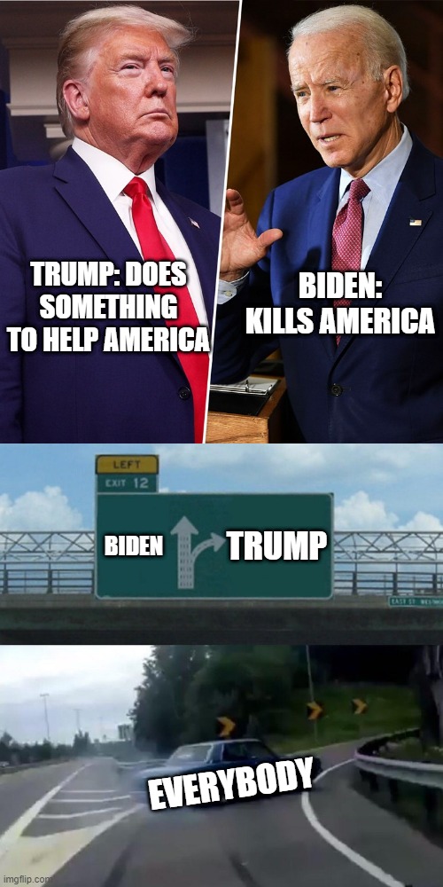 Trump just DrJoeVe over biden. | BIDEN: KILLS AMERICA; TRUMP: DOES SOMETHING TO HELP AMERICA; BIDEN; TRUMP; EVERYBODY | image tagged in trump biden | made w/ Imgflip meme maker
