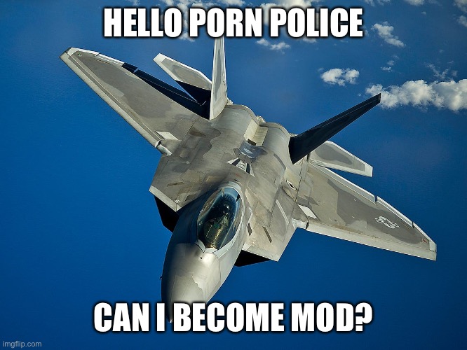 Since this stream is getting raided, I think it’s time I step in and a few drops of security. If I can’t become mod then I under | HELLO PORN POLICE; CAN I BECOME MOD? | image tagged in fighter jet | made w/ Imgflip meme maker