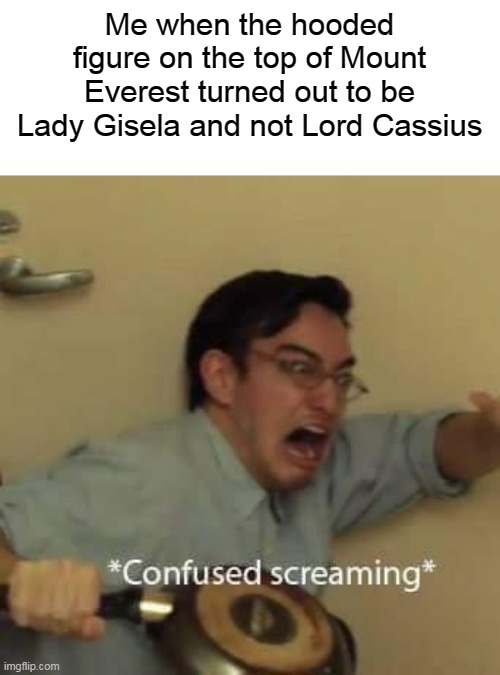 filthy frank confused scream | Me when the hooded figure on the top of Mount Everest turned out to be Lady Gisela and not Lord Cassius | image tagged in filthy frank confused scream | made w/ Imgflip meme maker