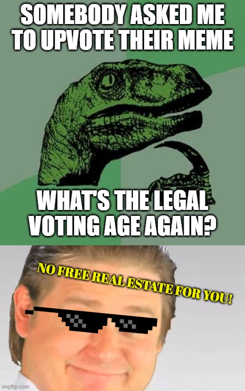 Check if you're of voting age. Click the up arrow to find out! | SOMEBODY ASKED ME TO UPVOTE THEIR MEME; WHAT'S THE LEGAL VOTING AGE AGAIN? NO FREE REAL ESTATE FOR YOU! | image tagged in memes,philosoraptor,it's free real estate,begging for upvotes,legal | made w/ Imgflip meme maker
