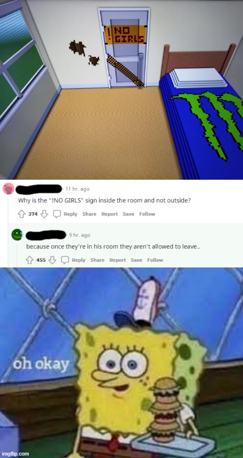 No girls shall leave | image tagged in spongebob,oh okay,minecraft,bedroom,memes,funny | made w/ Imgflip meme maker