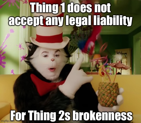 Legal Liability is a Thing Thing | Thing 1 does not accept any legal liability; For Thing 2s brokenness | image tagged in the things always do the opposite of what you say,thing 1,legal,liability | made w/ Imgflip meme maker