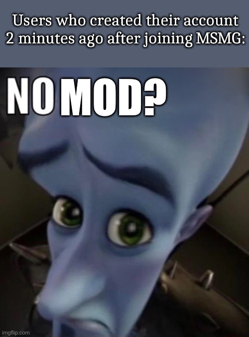 No bitches | Users who created their account 2 minutes ago after joining MSMG:; MOD? | image tagged in no bitches | made w/ Imgflip meme maker