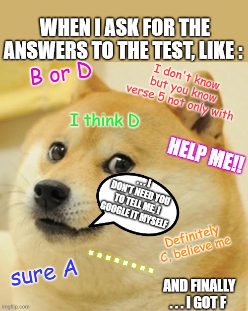 When asking questions during an online test | WHEN I ASK FOR THE ANSWERS TO THE TEST, LIKE :; B or D; I don't know but you know verse 5 not only with; I think D; HELP ME!! . . . I DON'T NEED YOU TO TELL ME, I GOOGLE IT MYSELF; Definitely C, believe me; . . . . . . . . sure A; AND FINALLY . . . I GOT F | image tagged in memes,doge | made w/ Imgflip meme maker