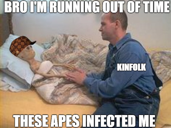 sick alien | BRO I'M RUNNING OUT OF TIME; KINFOLK; THESE APES INFECTED ME | image tagged in alien bed,alien | made w/ Imgflip meme maker