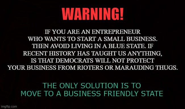Brick and Mortar | IF YOU ARE AN ENTREPRENEUR WHO WANTS TO START A SMALL BUSINESS. THEN AVOID LIVING IN A BLUE STATE. IF RECENT HISTORY HAS TAUGHT US ANYTHING, IS THAT DEMOCRATS WILL NOT PROTECT YOUR BUSINESS FROM RIOTERS OR MARAUDING THUGS. WARNING! THE ONLY SOLUTION IS TO MOVE TO A BUSINESS FRIENDLY STATE | image tagged in entrepreneur,business,riots,marauders,property,investment | made w/ Imgflip meme maker