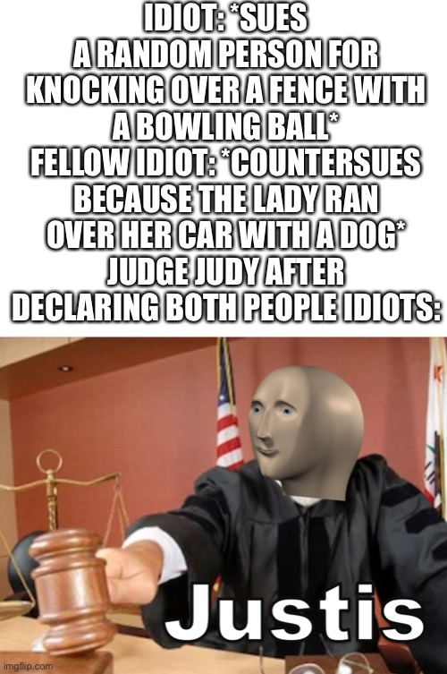 You owe me $1,376.59 AND YOU ARE GONNA PAY ME NOW | IDIOT: *SUES A RANDOM PERSON FOR KNOCKING OVER A FENCE WITH A BOWLING BALL*
FELLOW IDIOT: *COUNTERSUES BECAUSE THE LADY RAN OVER HER CAR WITH A DOG*
JUDGE JUDY AFTER DECLARING BOTH PEOPLE IDIOTS: | image tagged in meme man justis,judge judy | made w/ Imgflip meme maker