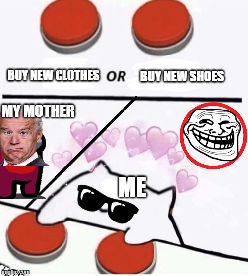 Cat pressing two buttons | BUY NEW CLOTHES; BUY NEW SHOES; MY MOTHER; ME; BUY NEW CLOTHES | image tagged in cat pressing two buttons | made w/ Imgflip meme maker