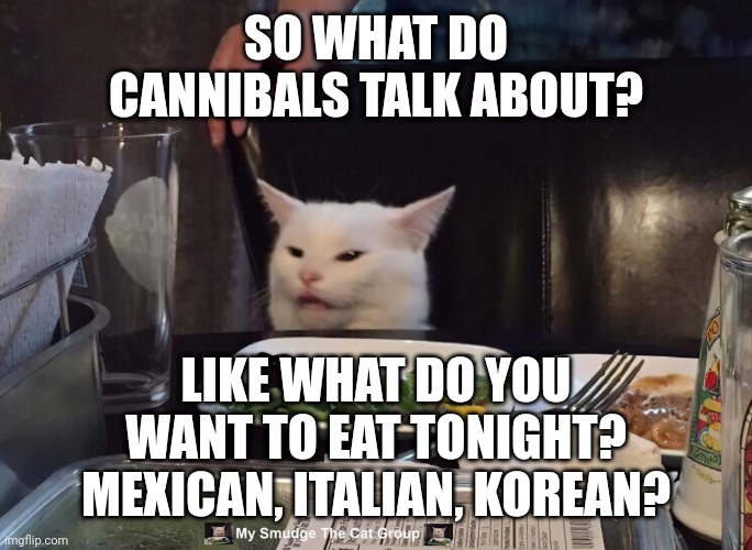 SO WHAT DO CANNIBALS TALK ABOUT? LIKE WHAT DO YOU WANT TO EAT TONIGHT? MEXICAN, ITALIAN, KOREAN? | image tagged in smudge the cat,smudge | made w/ Imgflip meme maker