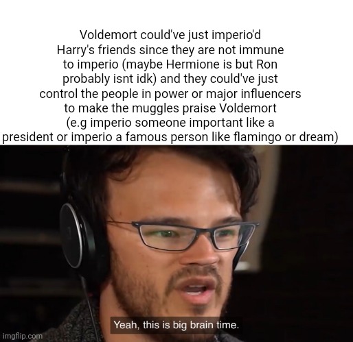 hol up | Voldemort could've just imperio'd Harry's friends since they are not immune to imperio (maybe Hermione is but Ron probably isnt idk) and they could've just control the people in power or major influencers to make the muggles praise Voldemort (e.g imperio someone important like a president or imperio a famous person like flamingo or dream) | image tagged in yeah this is big brain time,memes,funny,harry potter,harry potter meme,infinite iq | made w/ Imgflip meme maker