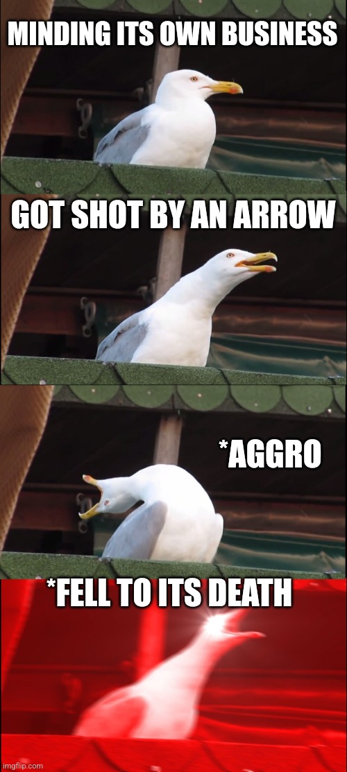 Inhaling Seagull Meme | MINDING ITS OWN BUSINESS; GOT SHOT BY AN ARROW; *AGGRO; *FELL TO ITS DEATH | image tagged in memes,inhaling seagull | made w/ Imgflip meme maker