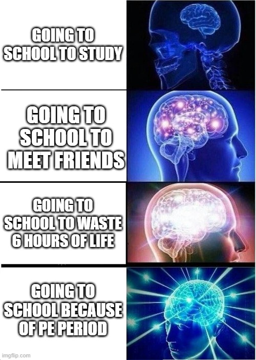 (school) | GOING TO SCHOOL TO STUDY; GOING TO SCHOOL TO MEET FRIENDS; GOING TO SCHOOL TO WASTE 6 HOURS OF LIFE; GOING TO SCHOOL BECAUSE OF PE PERIOD | image tagged in memes,expanding brain | made w/ Imgflip meme maker