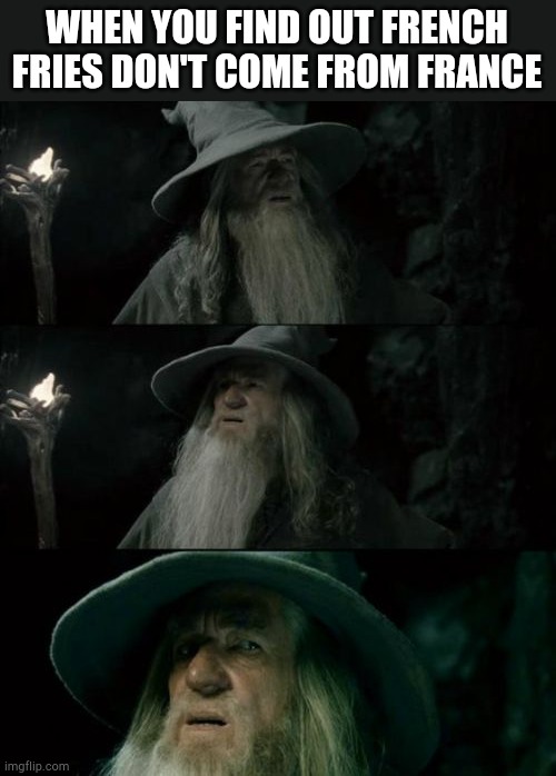 Confused confusing confusion | WHEN YOU FIND OUT FRENCH FRIES DON'T COME FROM FRANCE | image tagged in memes,confused gandalf | made w/ Imgflip meme maker