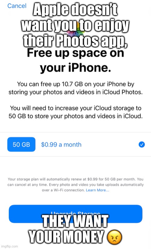 Apple doesn’t want you to enjoy their Photos app, THEY WANT YOUR MONEY 😠 | made w/ Imgflip meme maker