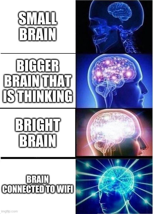 Expanding Brain | SMALL BRAIN; BIGGER BRAIN THAT IS THINKING; BRIGHT BRAIN; BRAIN CONNECTED TO WIFI | image tagged in memes,expanding brain,as by the template | made w/ Imgflip meme maker