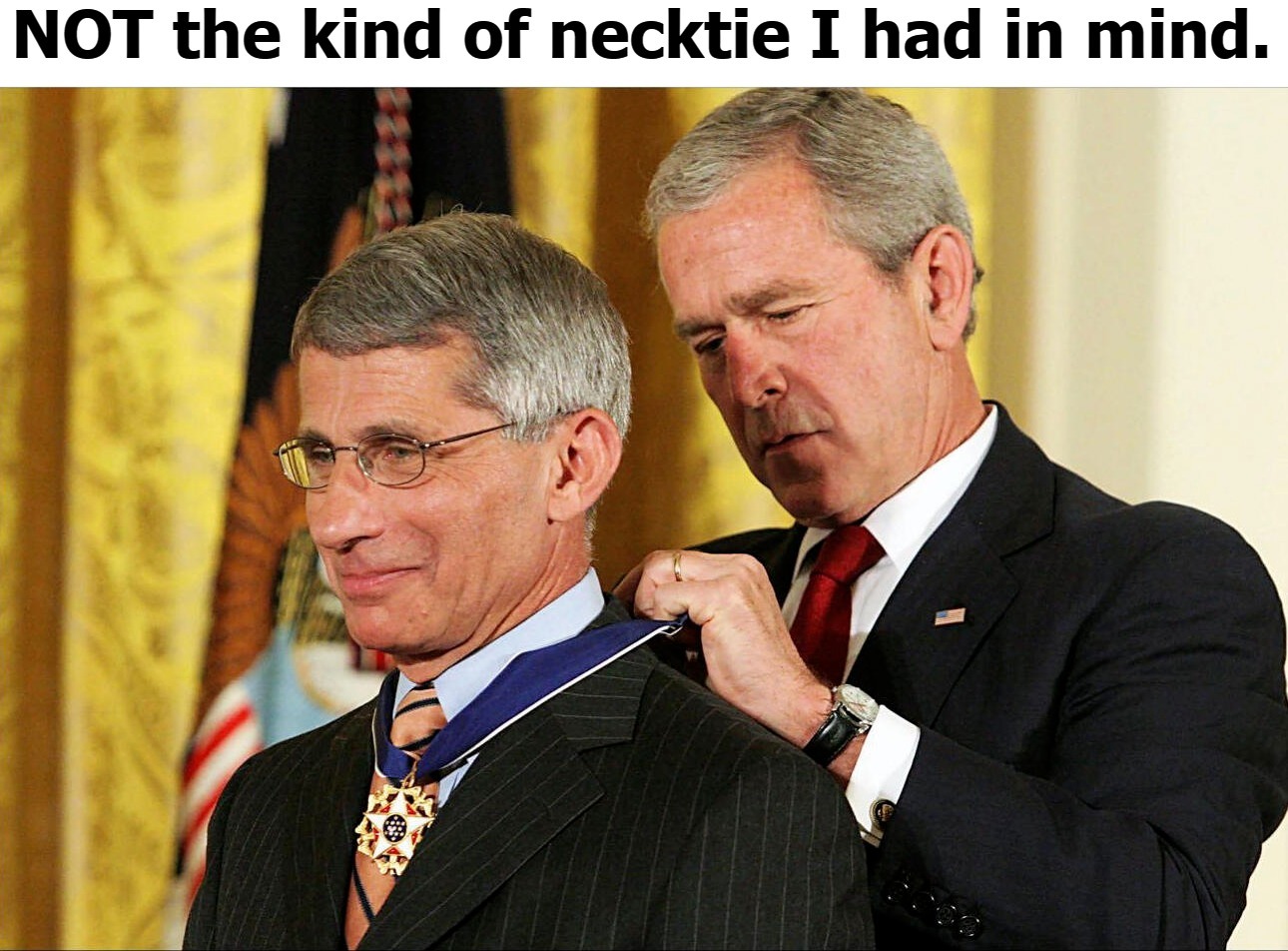 NOT the kind of necktie I had in mind. | image tagged in malignant narcissist,narcissist,war criminal,ive committed various war crimes,dr fauci,dr doom | made w/ Imgflip meme maker