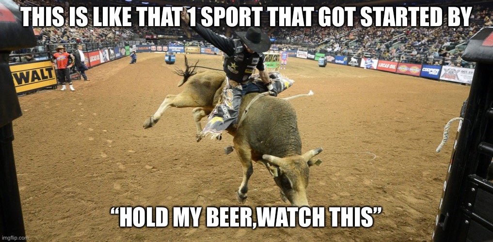 Bull riding | THIS IS LIKE THAT 1 SPORT THAT GOT STARTED BY; “HOLD MY BEER,WATCH THIS” | image tagged in bull riding | made w/ Imgflip meme maker