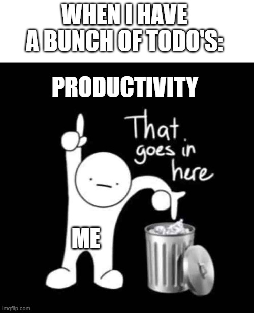 that goes in here | WHEN I HAVE A BUNCH OF TODO'S:; PRODUCTIVITY; ME | image tagged in that goes in here,productivity,memes | made w/ Imgflip meme maker