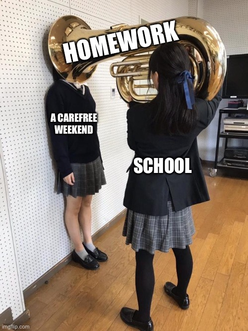 Homework | HOMEWORK; A CAREFREE WEEKEND; SCHOOL | image tagged in girl putting tuba on girl's head,homework,memes,school,teacher | made w/ Imgflip meme maker