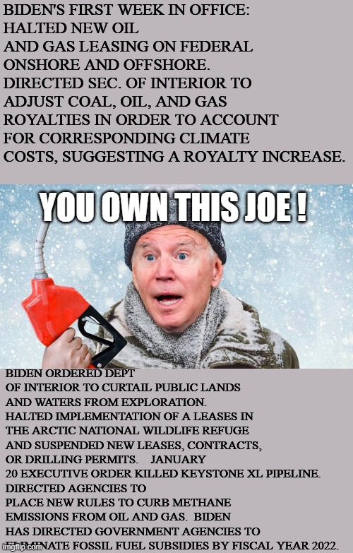 JOE-FLATION | BIDEN'S FIRST WEEK IN OFFICE:
HALTED NEW OIL AND GAS LEASING ON FEDERAL ONSHORE AND OFFSHORE.
DIRECTED SEC. OF INTERIOR TO ADJUST COAL, OIL, AND GAS ROYALTIES IN ORDER TO ACCOUNT FOR CORRESPONDING CLIMATE COSTS, SUGGESTING A ROYALTY INCREASE. YOU OWN THIS JOE ! BIDEN ORDERED DEPT OF INTERIOR TO CURTAIL PUBLIC LANDS AND WATERS FROM EXPLORATION.
HALTED IMPLEMENTATION OF A LEASES IN THE ARCTIC NATIONAL WILDLIFE REFUGE AND SUSPENDED NEW LEASES, CONTRACTS, OR DRILLING PERMITS.    JANUARY 20 EXECUTIVE ORDER KILLED KEYSTONE XL PIPELINE.
DIRECTED AGENCIES TO PLACE NEW RULES TO CURB METHANE EMISSIONS FROM OIL AND GAS.  BIDEN HAS DIRECTED GOVERNMENT AGENCIES TO ELIMINATE FOSSIL FUEL SUBSIDIES BY FISCAL YEAR 2022. | image tagged in gas pump joe,joe-flation | made w/ Imgflip meme maker