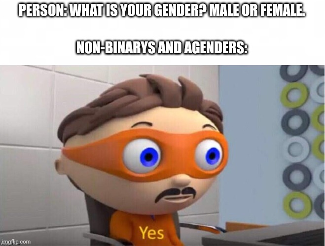 another gender joke | PERSON: WHAT IS YOUR GENDER? MALE OR FEMALE. NON-BINARYS AND AGENDERS: | image tagged in short blank,protegent yes,lgbtq | made w/ Imgflip meme maker