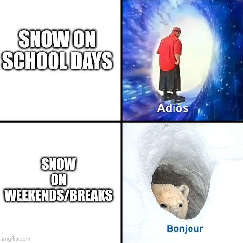 This happened on spring break | SNOW ON SCHOOL DAYS; SNOW ON WEEKENDS/BREAKS | image tagged in adios bonjour | made w/ Imgflip meme maker