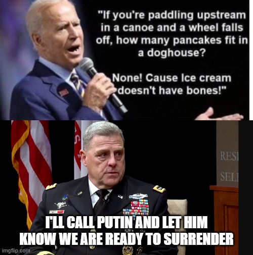 Surrender | I'LL CALL PUTIN AND LET HIM KNOW WE ARE READY TO SURRENDER | image tagged in general millie,joe biden | made w/ Imgflip meme maker