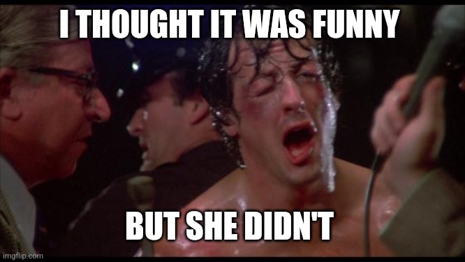 Rocky | I THOUGHT IT WAS FUNNY; BUT SHE DIDN'T | image tagged in rocky | made w/ Imgflip meme maker