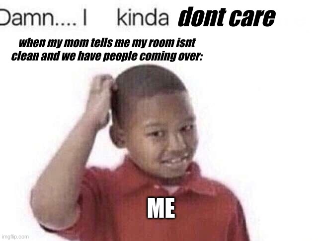 Damn I kinda don’t meme | dont care; when my mom tells me my room isnt clean and we have people coming over:; ME | image tagged in damn i kinda don t meme | made w/ Imgflip meme maker