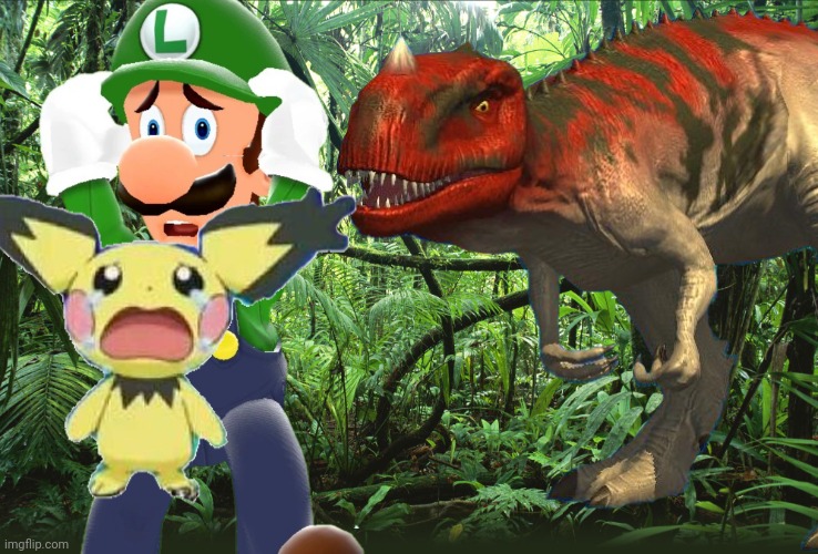 Luigi saves a lonely Pichu from a Ceratosaurus.mp3 | image tagged in luigi,jurassic park,jurassic world,dinosaur,pichu,pokemon | made w/ Imgflip meme maker