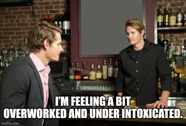 The bartender here with the assist | I’M FEELING A BIT OVERWORKED AND UNDER INTOXICATED. | image tagged in guy talking to bartender,drinking,life problems,work sucks | made w/ Imgflip meme maker