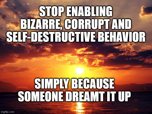 Sunset | STOP ENABLING BIZARRE, CORRUPT AND SELF-DESTRUCTIVE BEHAVIOR; SIMPLY BECAUSE SOMEONE DREAMT IT UP | image tagged in sunset | made w/ Imgflip meme maker