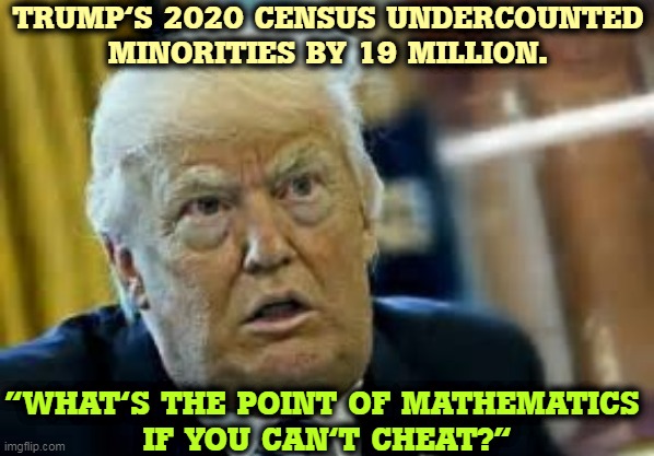 Show Trump a number and he'll falsify it. | TRUMP'S 2020 CENSUS UNDERCOUNTED MINORITIES BY 19 MILLION. "WHAT'S THE POINT OF MATHEMATICS 
IF YOU CAN'T CHEAT?" | image tagged in trump dilated taken aback aghast surprised,trump,mathematics,cheat,minorities | made w/ Imgflip meme maker