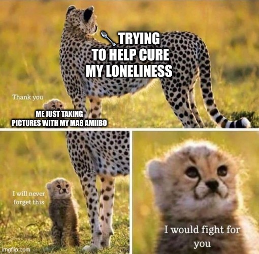 I’ll put the picture in the comments | 🥄 TRYING TO HELP CURE MY LONELINESS; ME JUST TAKING PICTURES WITH MY MA8 AMIIBO | image tagged in thank you i will never forget this | made w/ Imgflip meme maker