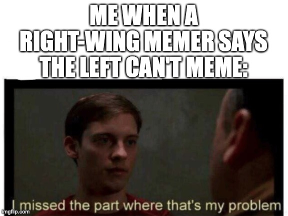 I honestly don't get it. | ME WHEN A RIGHT-WING MEMER SAYS THE LEFT CAN'T MEME: | image tagged in i missed the part where that's my problem,right wing,left wing,memes | made w/ Imgflip meme maker