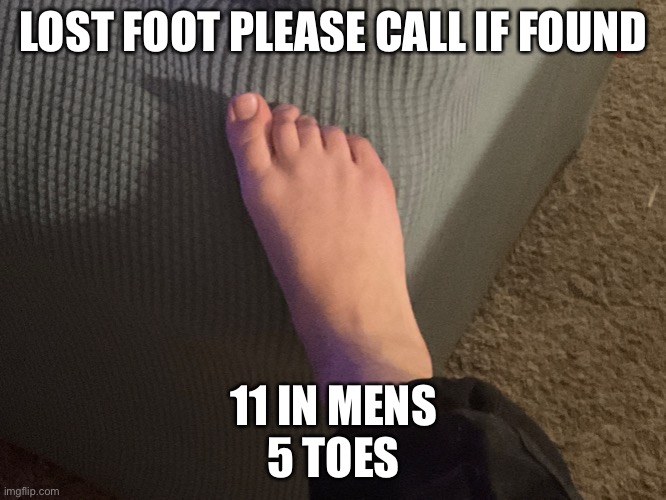 LOST FOOT PLEASE CALL IF FOUND; 11 IN MENS
5 TOES | image tagged in 1-800-lost foot | made w/ Imgflip meme maker