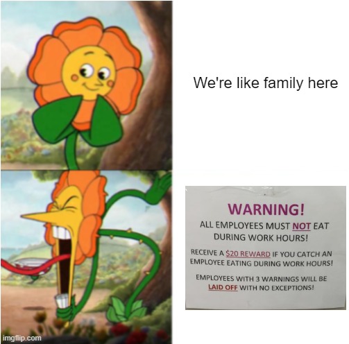 The Manson Family Restaurant | We're like family here | image tagged in reverse cuphead flower | made w/ Imgflip meme maker
