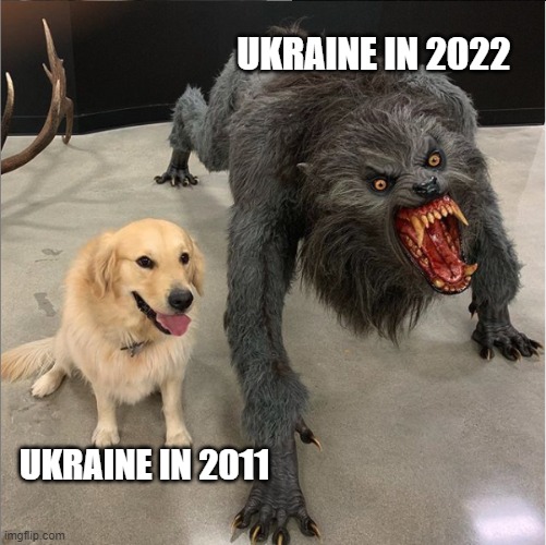 Ukraine Then And Now | UKRAINE IN 2022; UKRAINE IN 2011 | image tagged in dog vs werewolf,ukraine,2022 | made w/ Imgflip meme maker
