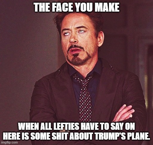 I'd distract too if my president was a complete disaster. | THE FACE YOU MAKE; WHEN ALL LEFTIES HAVE TO SAY ON HERE IS SOME SHIT ABOUT TRUMP'S PLANE. | image tagged in robert downey jr rolling eyes,biden,liberals,democrats,woke,dimwits | made w/ Imgflip meme maker