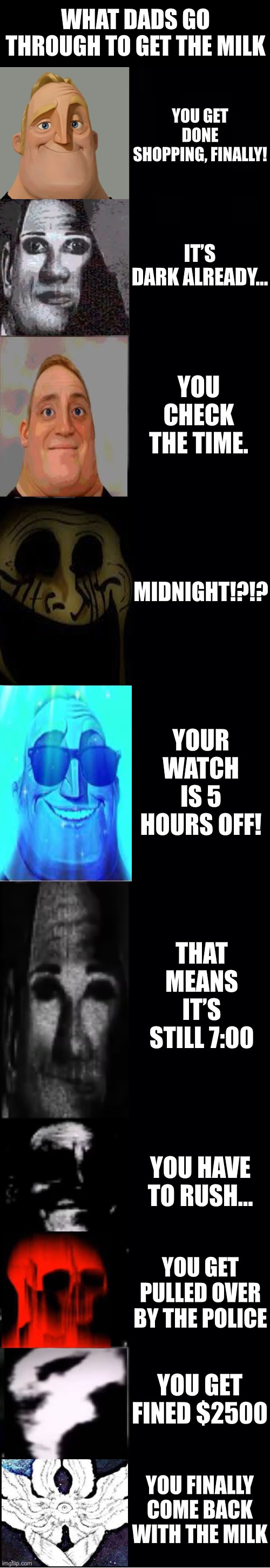 The Milk and Cereal | WHAT DADS GO THROUGH TO GET THE MILK; YOU GET DONE SHOPPING, FINALLY! IT’S DARK ALREADY…; YOU CHECK THE TIME. MIDNIGHT!?!? YOUR WATCH IS 5 HOURS OFF! THAT MEANS IT’S STILL 7:00; YOU HAVE TO RUSH…; YOU GET PULLED OVER BY THE POLICE; YOU GET FINED $2500; YOU FINALLY COME BACK WITH THE MILK | image tagged in mr incredible becoming uncanny,mr incredible becoming canny | made w/ Imgflip meme maker